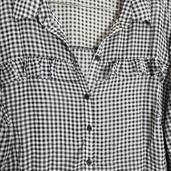 Torrid Plaid Black/White Button Up Ruffle Sheer Top Shirt Size 2 Long Sleeve - Picture 2 of 7